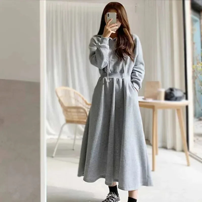 Sweatshirt Dress Women's Long Slimming High-waisted Hooded Casual Dress Spring Autumn Seasonal Clothing